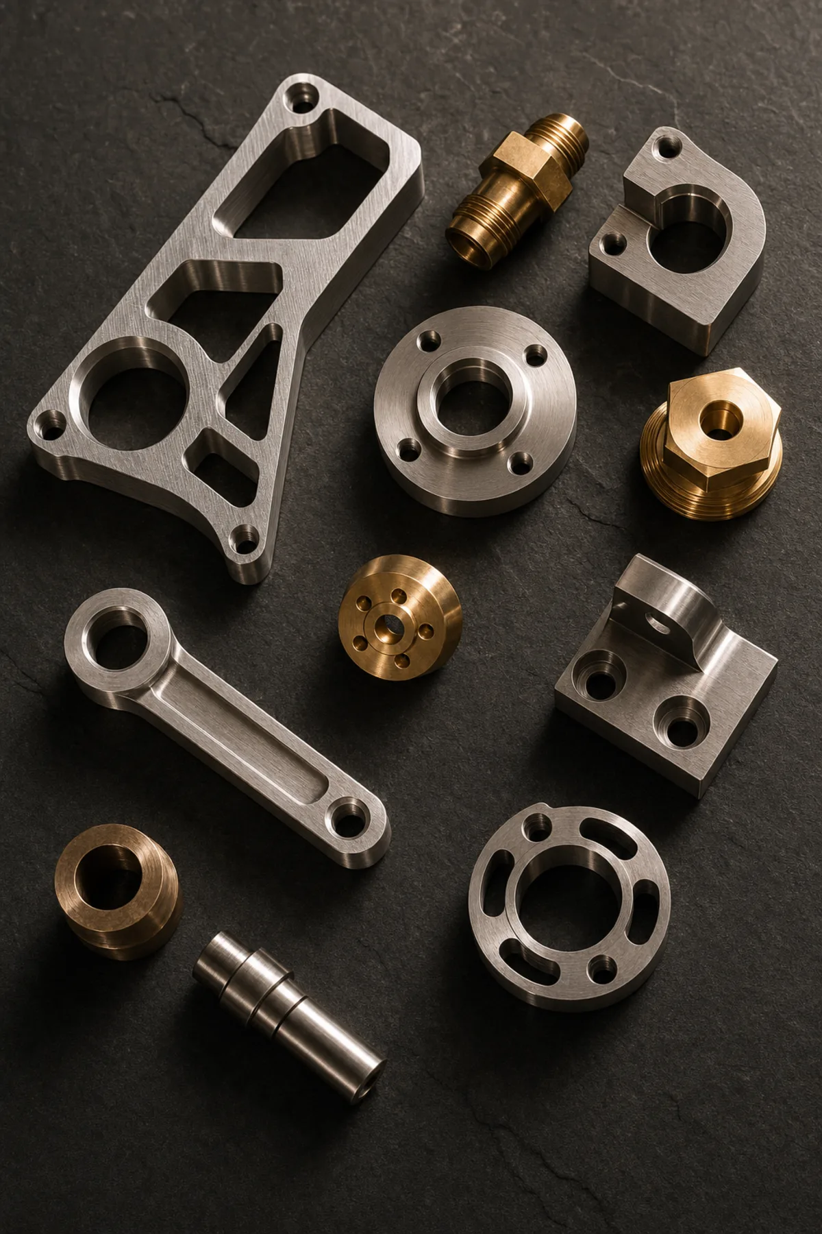 Assortment of precision-machined aluminum and brass parts on dark slate