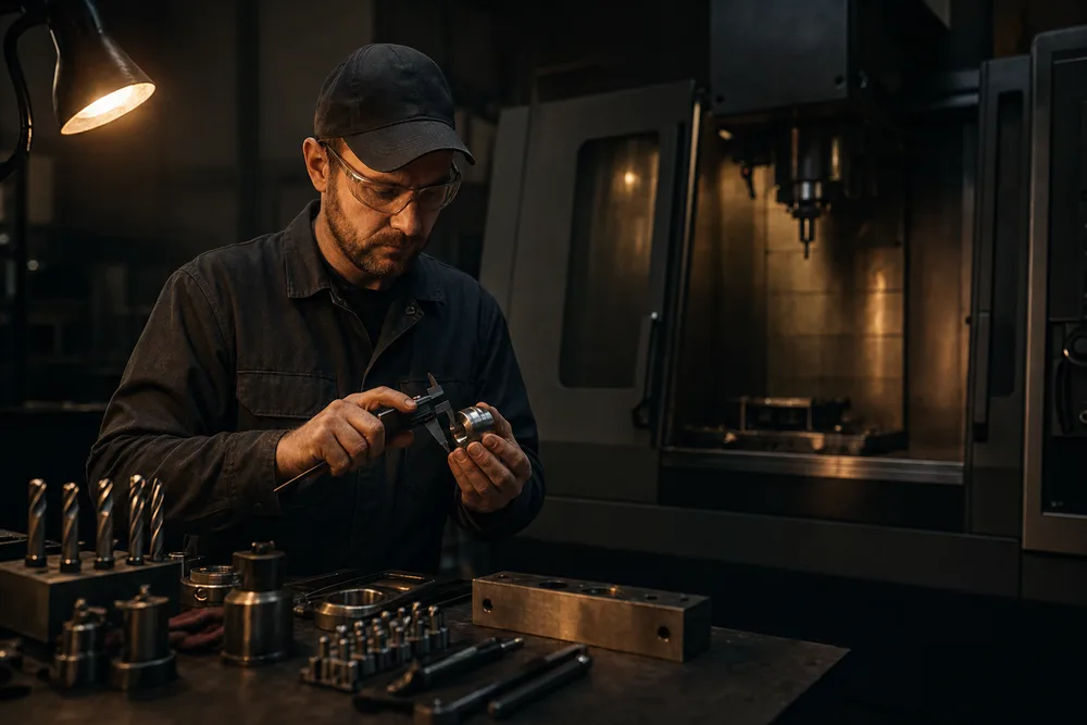 Machinist inspecting a finished part with digital calipers